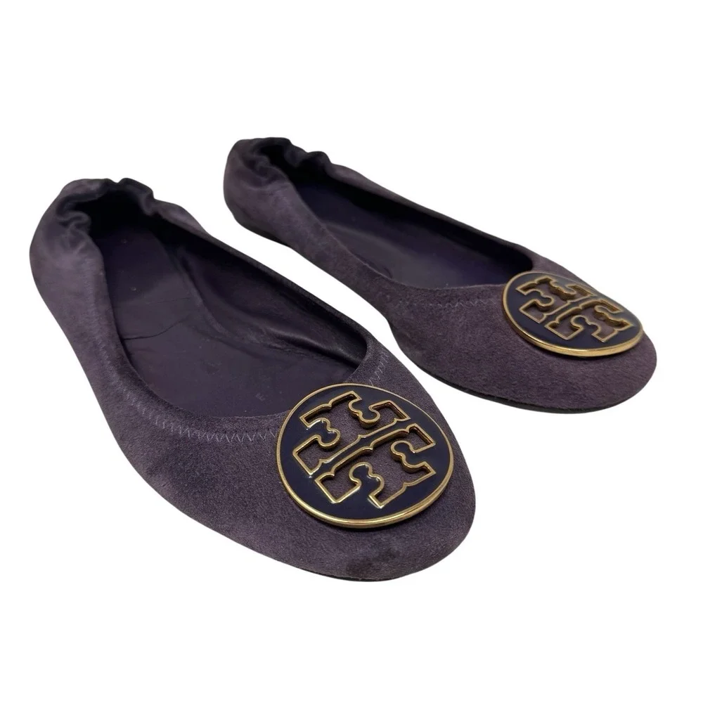 Tory Burch Ballet Flats Women 7 Purple Suede Reva Logo Medallion Slip On Shoes
